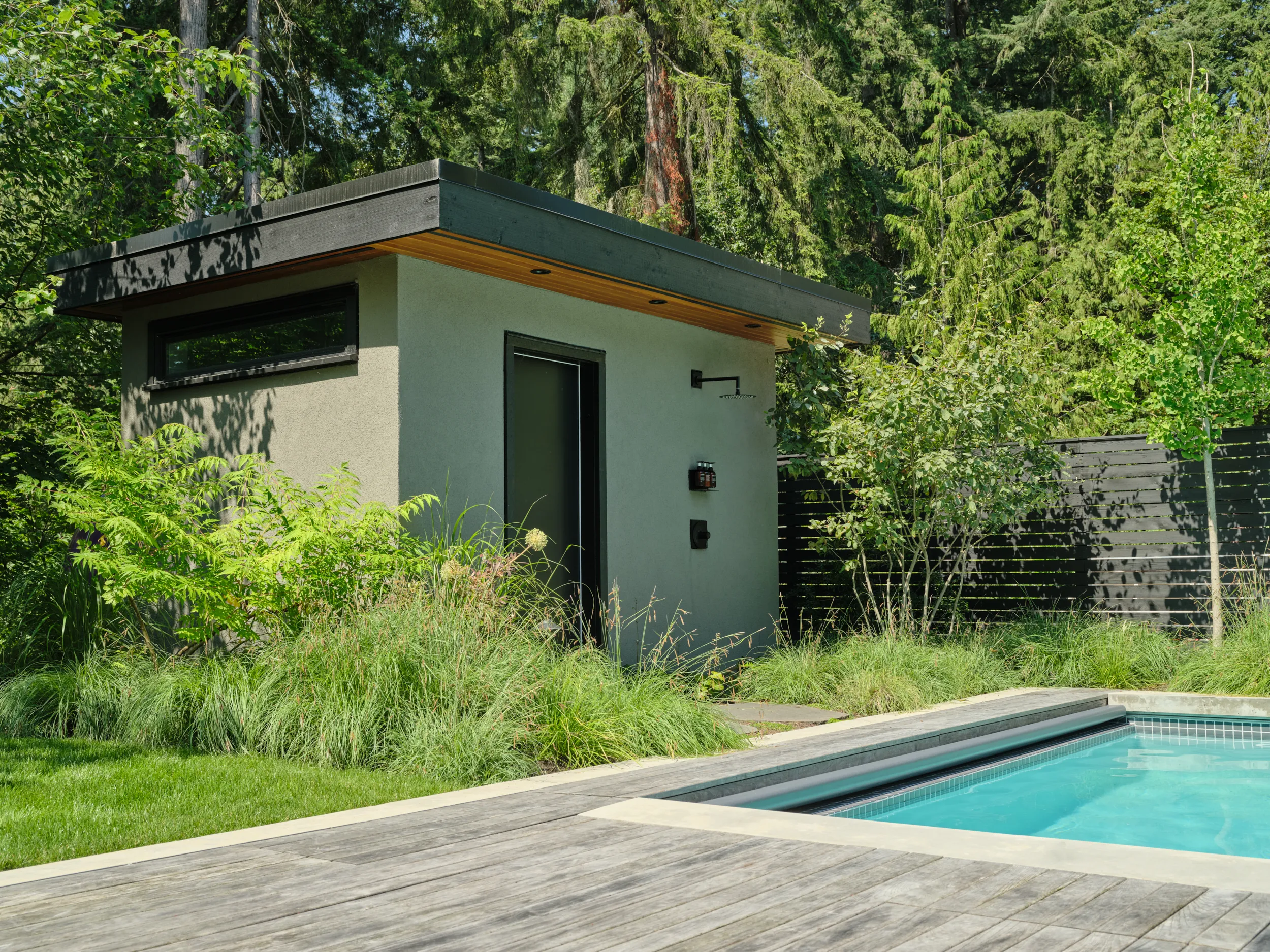 Concrete and thermally-treated wood decking, Capilano pool area